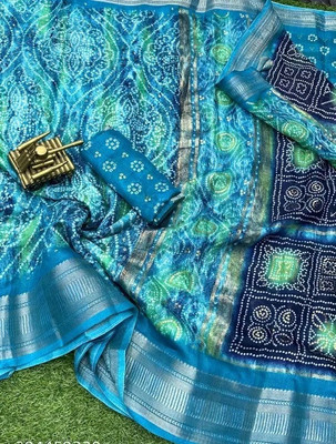 TARIDI Printed Bandhani Cotton Blend Saree(Blue)