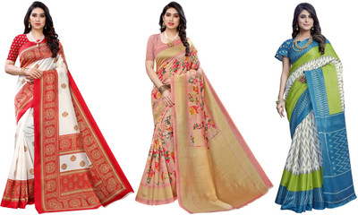 YASHIKA Printed Mysore Art Silk Saree(Pack of 3, Red, Pink, White, Blue)