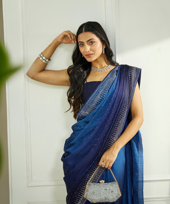 Satrani Embellished, Ombre, Dyed Bollywood Satin Saree(Dark Blue)