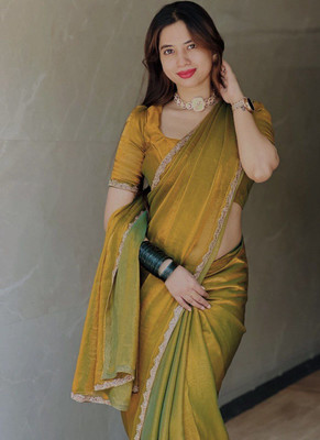 ANJAVI FASHION Dyed Bollywood Chiffon Saree(Gold)