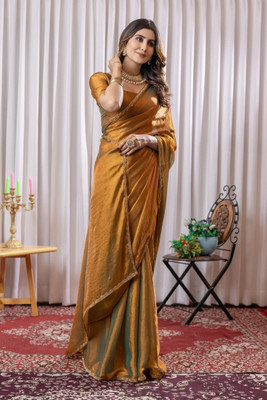 SAI LEELA CREATION ART Solid/Plain, Temple Border, Embellished Bollywood Chiffon, Jimmy choo Saree(Gold)