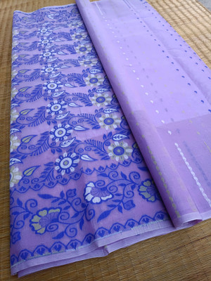 KhayaFashion Woven Tant Pure Cotton Saree(Purple)