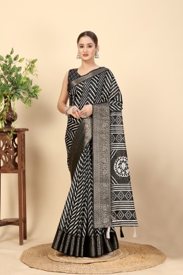 J6 Designers Floral Print Bollywood Cotton Silk Saree(Black)