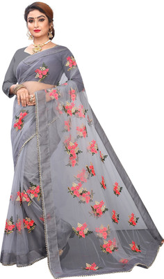 DWINIZAA STORE Embroidered Bollywood Net Saree(Grey)