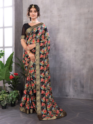 YASHIKA Printed Bollywood Georgette, Lace Saree(Black)