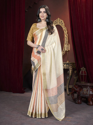 Vichitra Woven, Self Design Handloom Pure Cotton, Jacquard Saree(White)