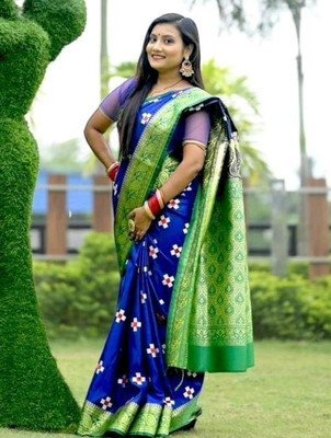 Dulhan Collection Embellished Banarasi Satin Saree(Blue)