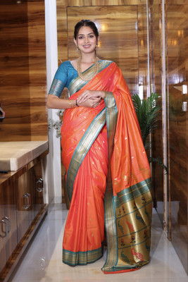 sarjan creation Woven Paithani Pure Cotton Saree(Orange)