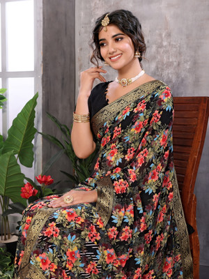 YASHIKA Printed Bandhani Georgette, Lace Saree(Black)
