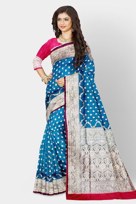 HouseOfCommon Woven, Self Design Banarasi Silk Blend Saree(Light Blue)