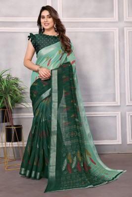 V And V Shop Self Design, Floral Print Bollywood Linen Saree(Green)