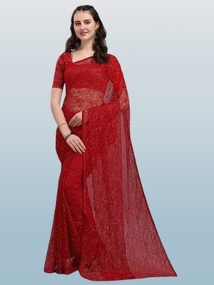 NEXA Solid/Plain Bollywood Net Saree(Red)