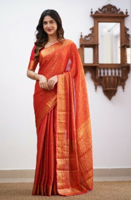 ESOMIC Striped Kanjivaram Pure Silk Saree(Orange)