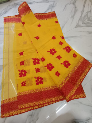 Priyongboda Printed Tant Handloom Cotton Blend Saree(Yellow, Red)