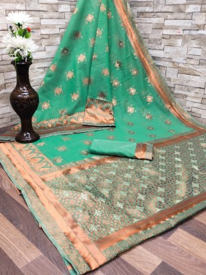 VIRDHI TEXTILE Printed, Self Design, Embellished, Woven, Animal Print, Blocked Printed Jamdani Cotton Blend, Jacquard Saree(Light Green)