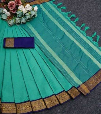 KHODALSAREEFEB Solid/Plain, Woven, Striped Banarasi Cotton Silk Saree(Dark Green, Purple)