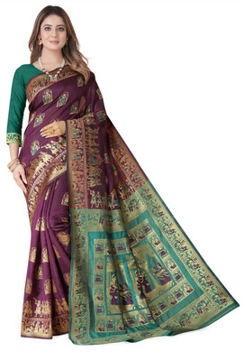 VERCO Woven Baluchari Art Silk Saree(Purple)