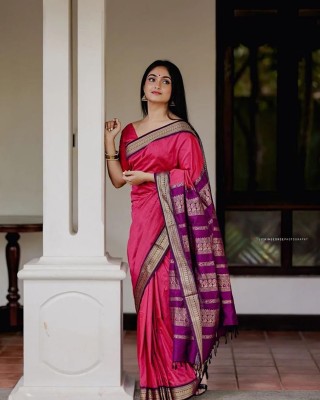 Anjaneya Sarees Woven Banarasi Silk Blend Saree(Pink)