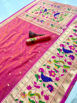 HouseOfCommon Woven Paithani Cotton Silk Saree(Pink)