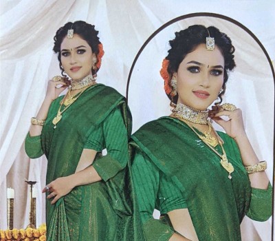 R K TEX Woven Handloom Pure Silk Saree(Dark Green)