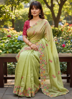 Sariya Embroidered, Embellished Bollywood Organza, Silk Blend Saree(Light Green)