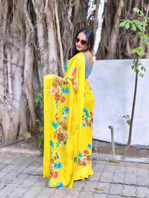 EVERYDAY CREATIONS Printed Bandhani Georgette Saree(Yellow)