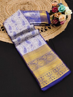 GLOWMOROUS Embellished, Woven Kanjivaram Pure Silk, Jacquard Saree(Blue)