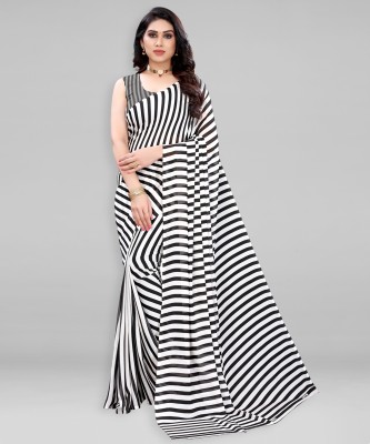 SIRIL Striped Bollywood Georgette Saree(White, Black)