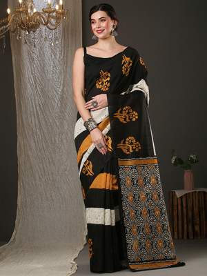 Divastri Printed Sambalpuri Silk Blend Saree(Black)