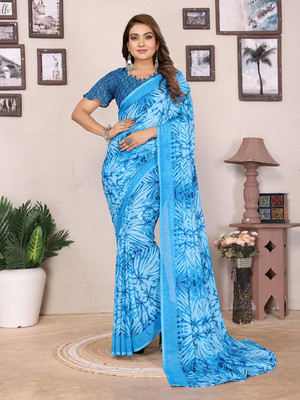 Anand Sarees Floral Print Daily Wear Georgette Saree(Light Blue)