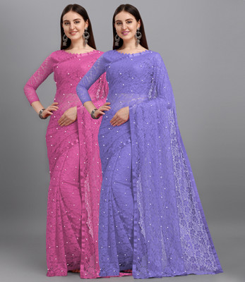 LOROFY Self Design Bollywood Net, Brasso Saree(Pack of 2, Multicolor)
