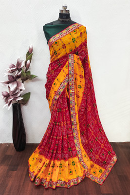 Chhaya Printed Bandhani Georgette Saree(Red, Yellow)