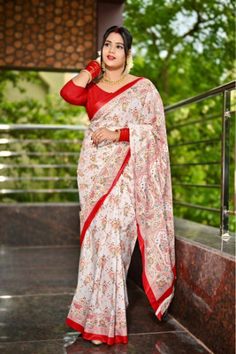 Sumit Textiles Printed Sambalpuri Cotton Blend Saree(White, Red)
