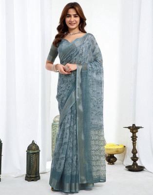 Samah Digital Print, Floral Print, Embellished Bollywood Linen Saree(Grey)