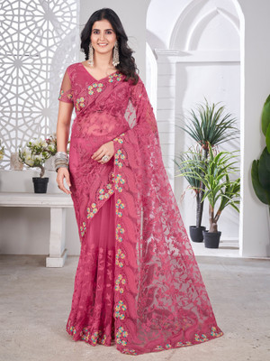 Tasrika Graphic Print Bollywood Net Saree(Pink)