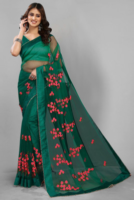 PATLANI STYLE Embroidered Bollywood Net Saree(Dark Green)