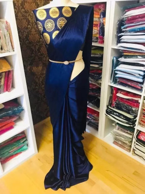 VKARAN Solid/Plain Bollywood Pure Silk Saree(Dark Blue)