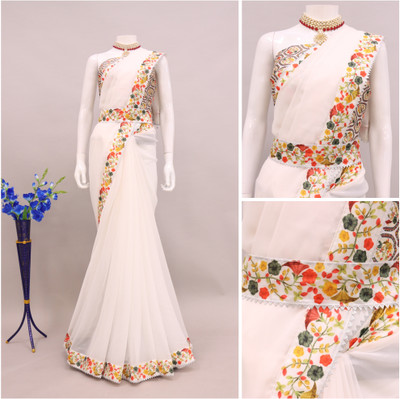PRETTYAGE Digital Print Banarasi Georgette Saree(White)