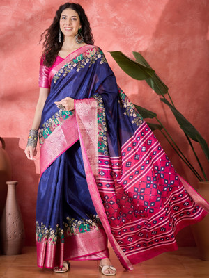 Blissta Printed Kalamkari Silk Blend Saree(Dark Blue, Multicolor)