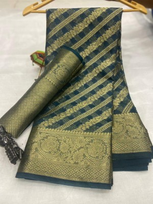 AARAANA Self Design, Temple Border, Striped, Woven, Embellished, Applique, Checkered Kanjivaram Pure Cotton, Cotton Silk Saree(Blue)