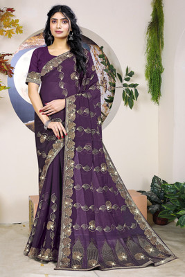 AnjaniTextiles Embroidered Bollywood Georgette Saree(Purple)