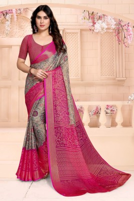 PinkEVE Sarees Floral Print, Self Design, Animal Print, Temple Border, Printed Daily Wear Chiffon, Brasso Saree(Pink)