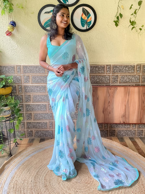 Ratnavati Embellished Bollywood Georgette Saree(Light Blue)