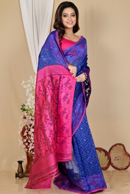 PuJoy Embellished, Self Design, Woven Jamdani Cotton Blend Saree(Blue, Purple)