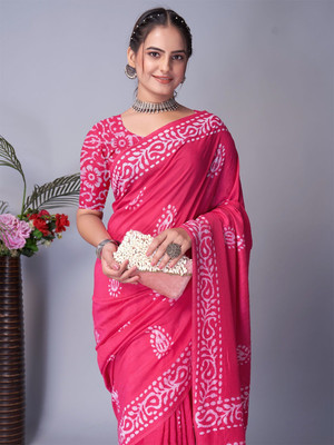 ARYA Printed, Embellished, Dyed Bandhani Cotton Blend Saree(Pink)
