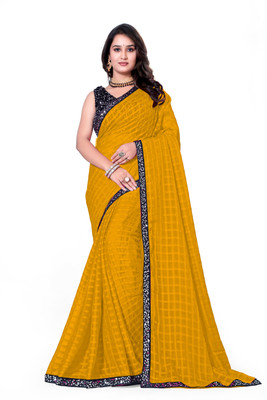 RUCHKET Checkered Bollywood Chiffon Saree(Yellow)