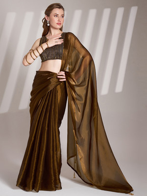 Kalista Embellished, Solid/Plain, Dyed Bollywood Organza Saree(Gold)