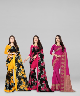 kashvi sarees Printed Daily Wear Georgette Saree(Pack of 3, Pink, Yellow)