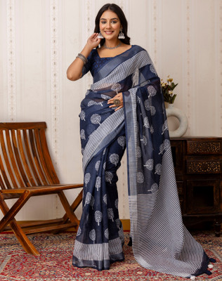 SIRIL Blocked Printed, Embellished Daily Wear Cotton Blend Saree(Blue)