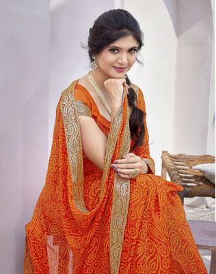 YASHIKA Printed Bollywood Georgette, Lace Saree(Orange)